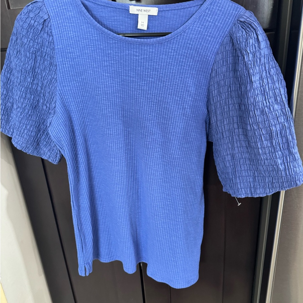 Nine West Royal Blue Textured Puff Sleeve Tee